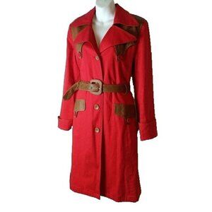 Hayden Harnett Red trench coat With Western leather Belt and accents
